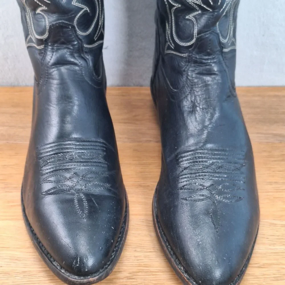Jama Old West Men's 10D Slip-On Cowboy Boots Black Leather Embroidered Vintage